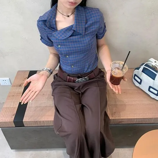 American Retro Spicy Girl Plaid Shirt Blue - Shop at LoveMi