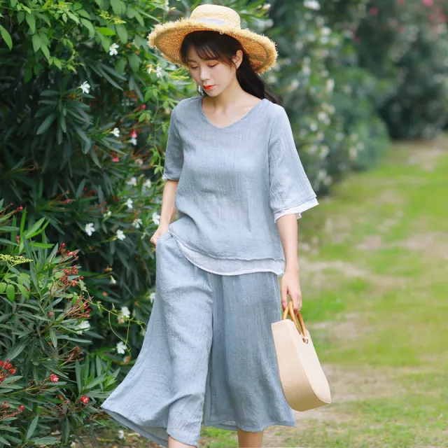 Artistic Double layer Tulle V neck Color block Top Cropped Wide leg Pants Suit Two piece Set Gray - Shop at LoveMi