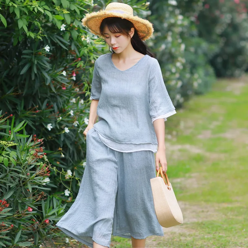 Artistic Double-layer Tulle V-neck Color-block Top Cropped Wide-leg Pants Suit Two-piece Set - Gray