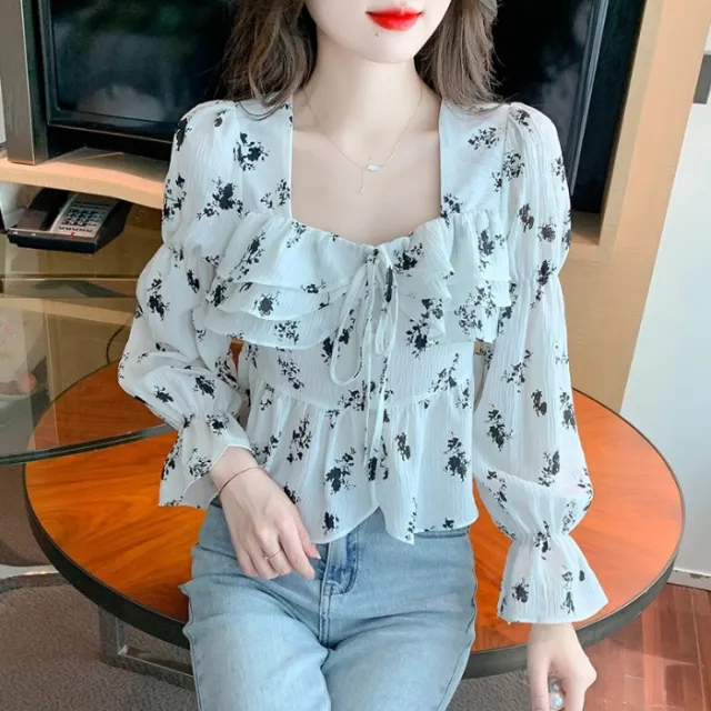 Gentle Plus Size Square Collar Floral Print Long Sleeve Shirt White - Shop at LoveMi