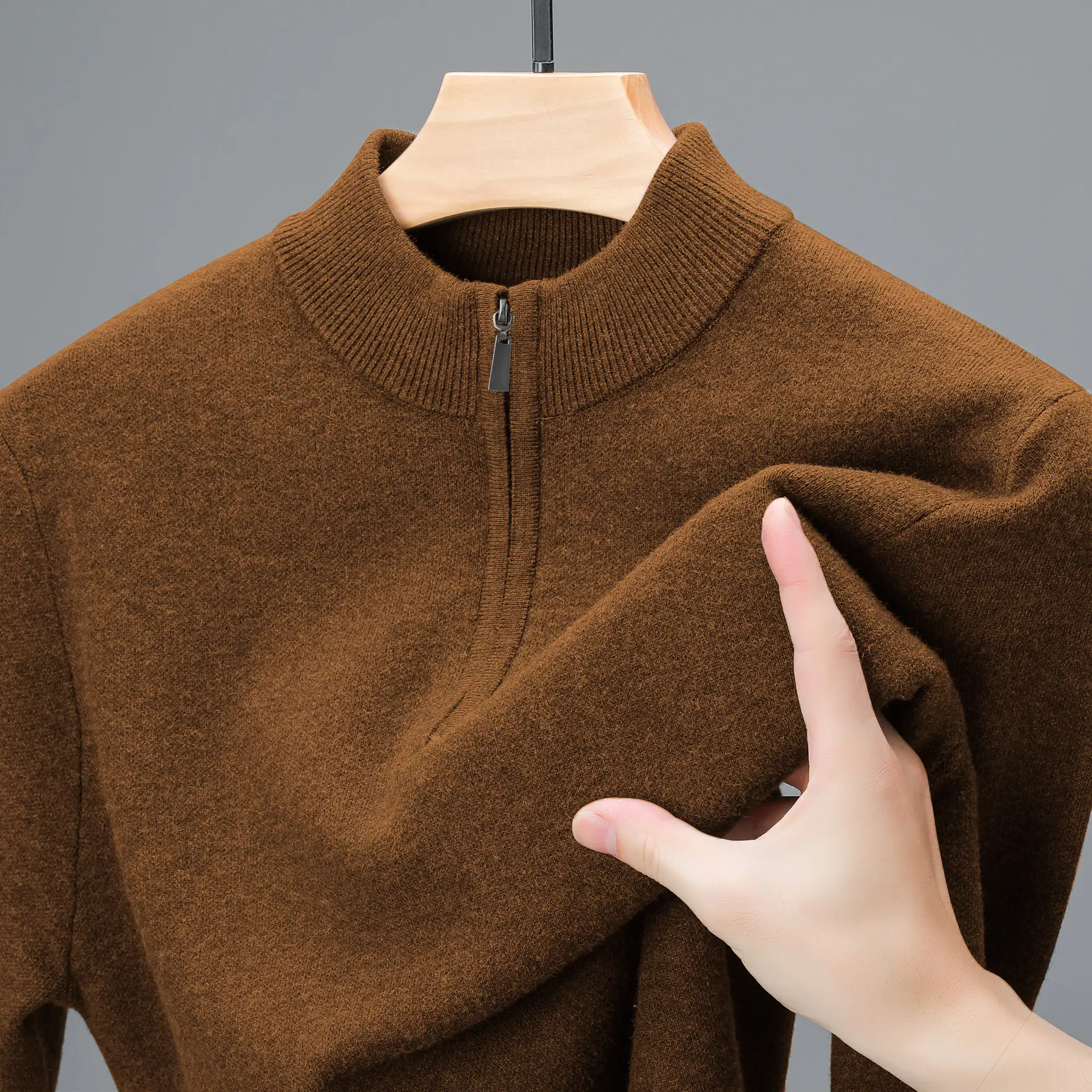 Men's Half-high Collar Zipper Sweater Middle-aged Men's Thickened Keep Warm Pure Color Sweater