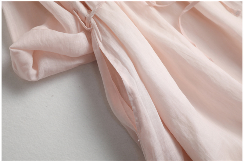 Round Neck Ramie Embroidery Pure Color Artistic Dress