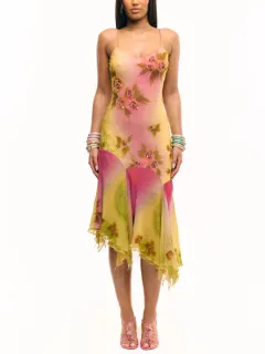 Ruffled Hem Suspender Dress Embroidered Flower Dress - Suspender Skirt - View 1