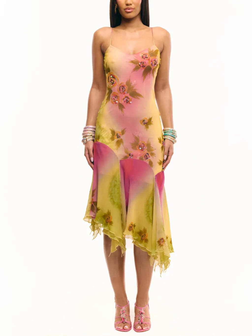 Ruffled Hem Suspender Dress Embroidered Flower Dress - Suspender Skirt