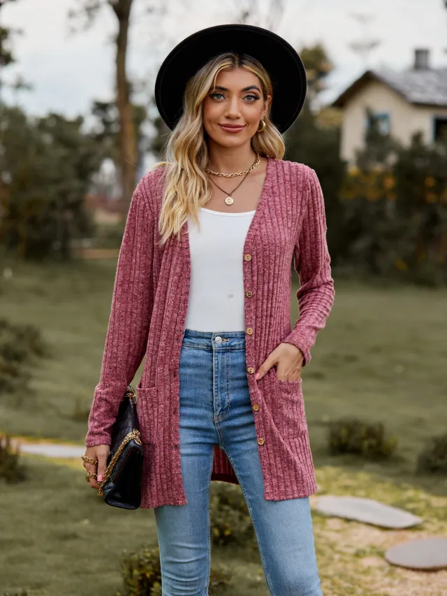 New Women's Brushed Sunken Stripe Solid Color Long Sleeve Women's Overcoat Red - Shop at LoveMi