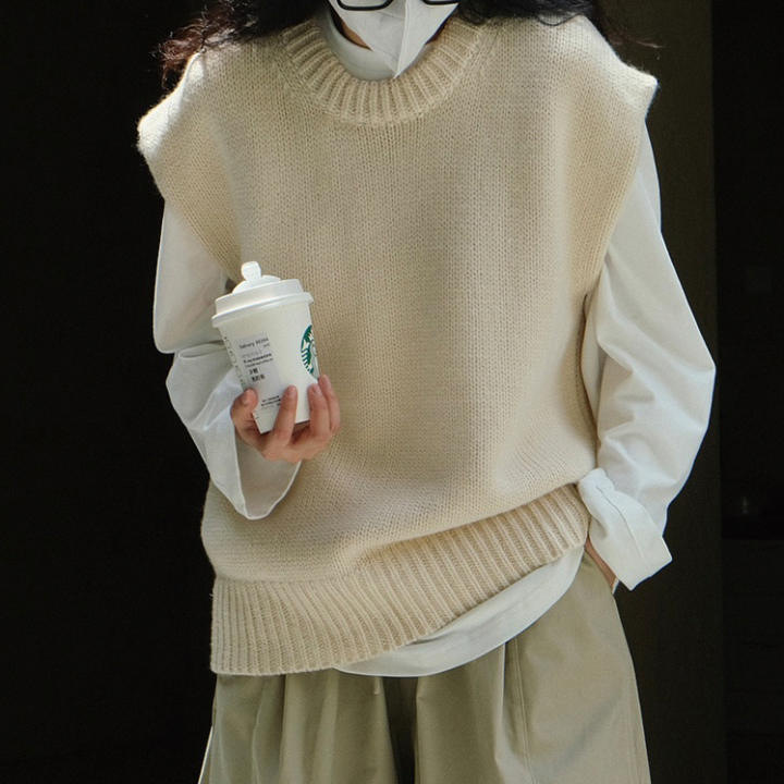 Loose Round Neck Knitted Vest Coat Sleeveless Gray Waistcoat Bandage Dress Top Beige - Shop at LoveMi