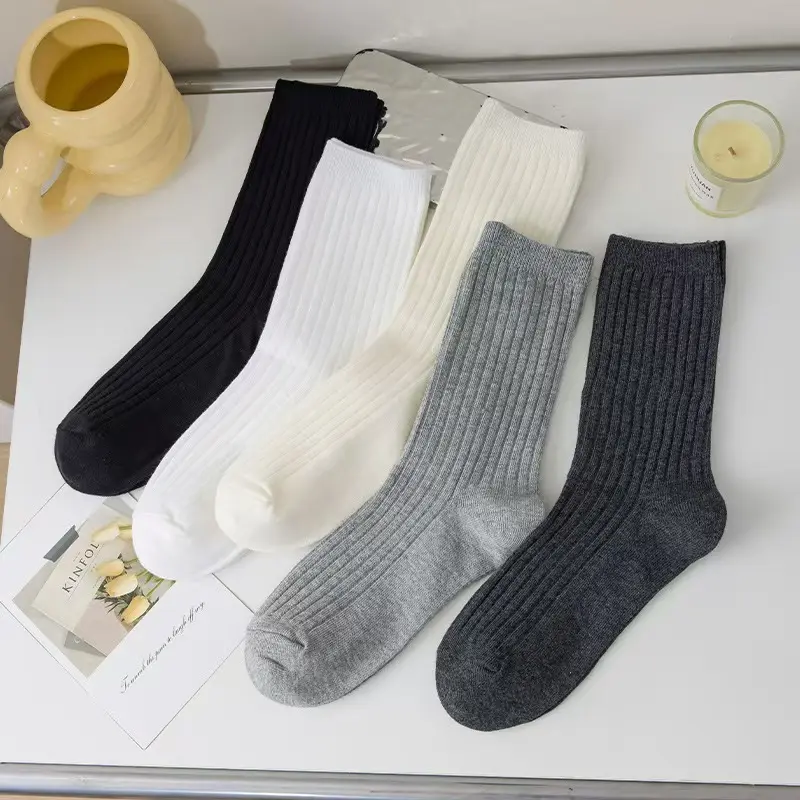 Mens Mid-Waist Solid-Color Cotton Long Socks
