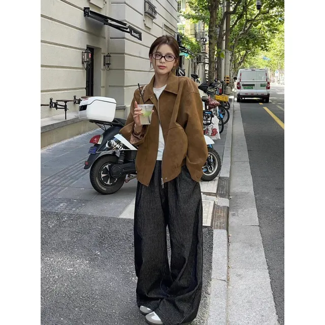 Premium Small Stand collar Loose Casual Jacket Top Brown - Shop at LoveMi