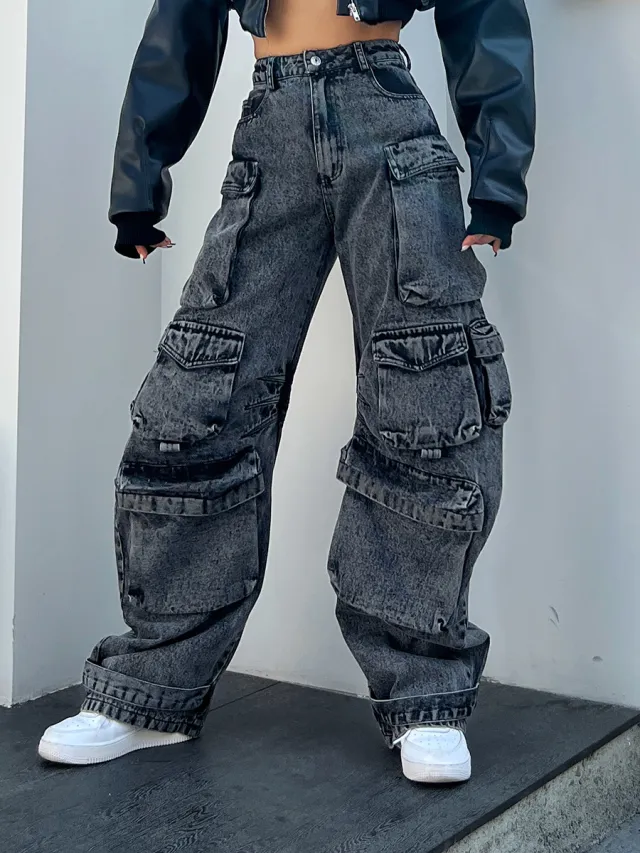 Solid Color Distressed Stitching Multi pocket Cargo Pants Gray - Shop at LoveMi