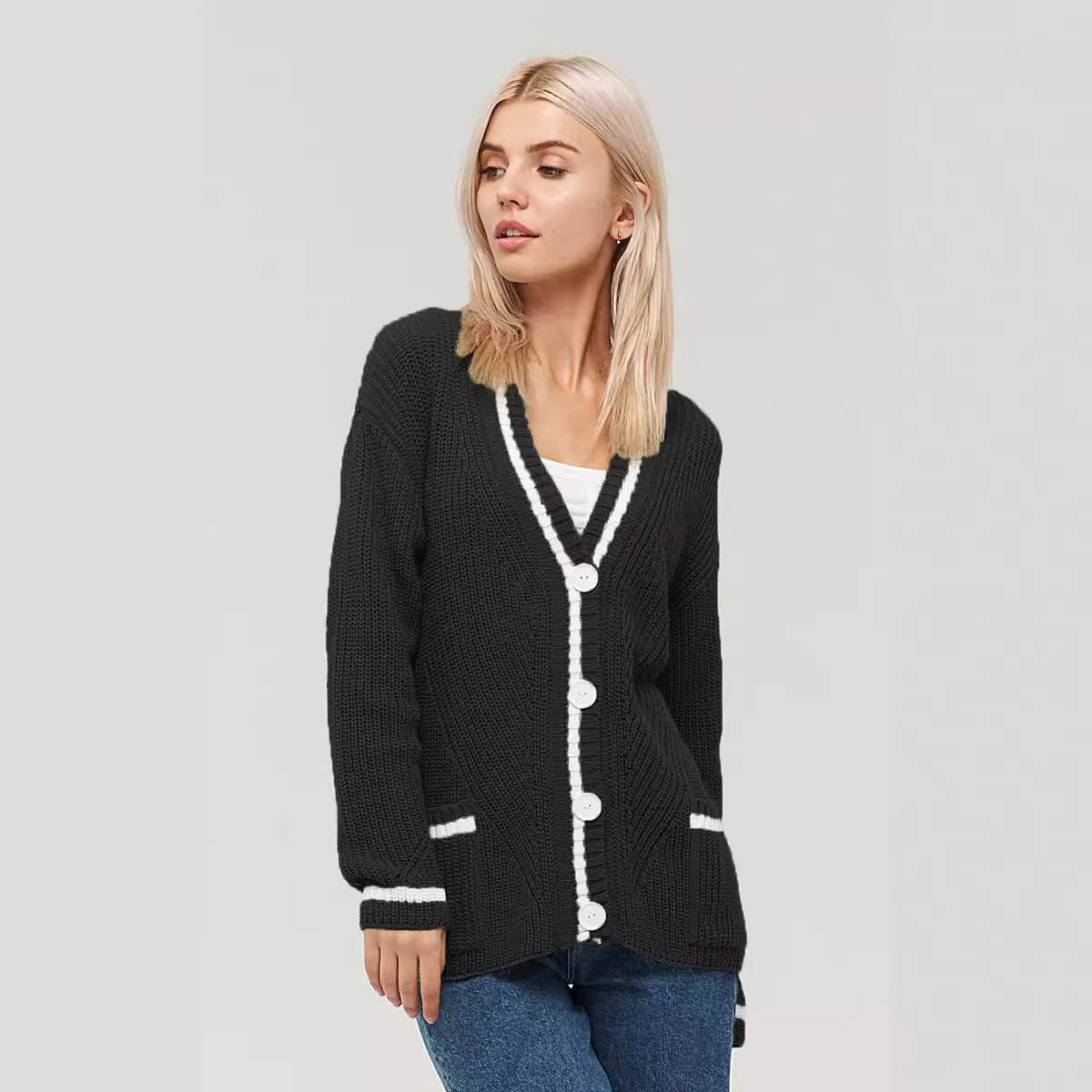 Women's All-match V-neck Pocket Color Matching Knitted Long Sleeve Sweater Coat