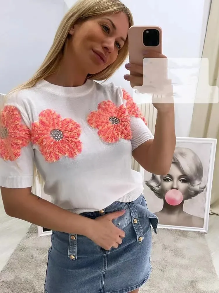 European And American Contrast Color Flower Sweet Pink Round-collar Short Sleeve Sweater - White Red Flower