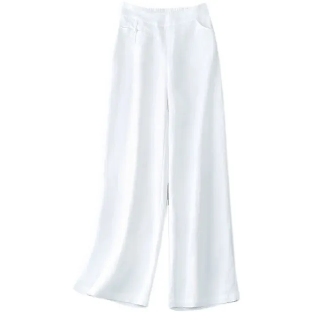 New Half Elastic High Belt Buckle Slimming Casual Cotton Linen Wide Leg Pants White - Shop at LoveMi