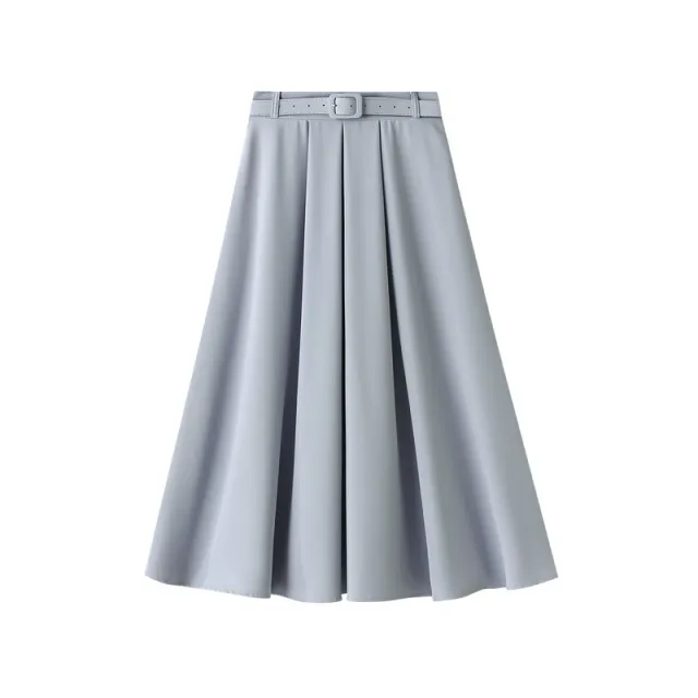 Retro High Waist A Line Skirt Slimming Skirt Belt Attached Blue - Shop at LoveMi