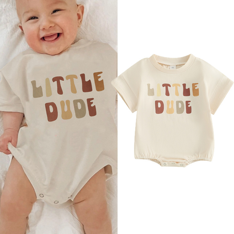 Printed Short-sleeve Romper With A Crew Neck For Summer