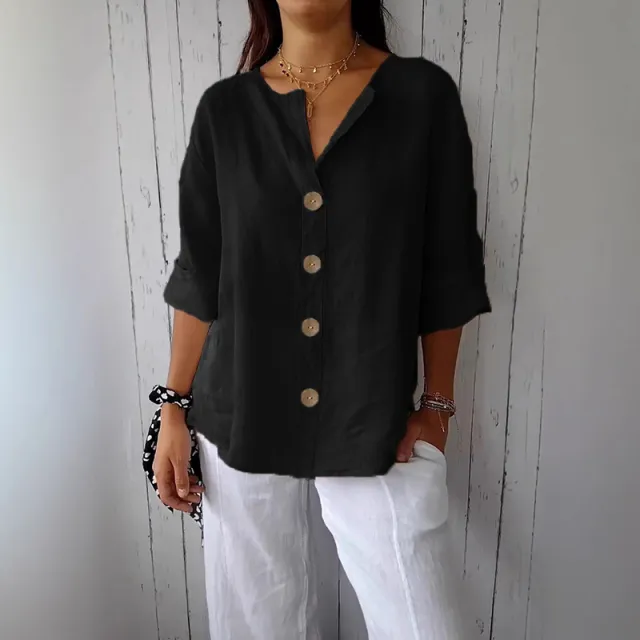 Loose fit Women's V neck Cotton Linen Button T shirt Top Black - Shop at LoveMi
