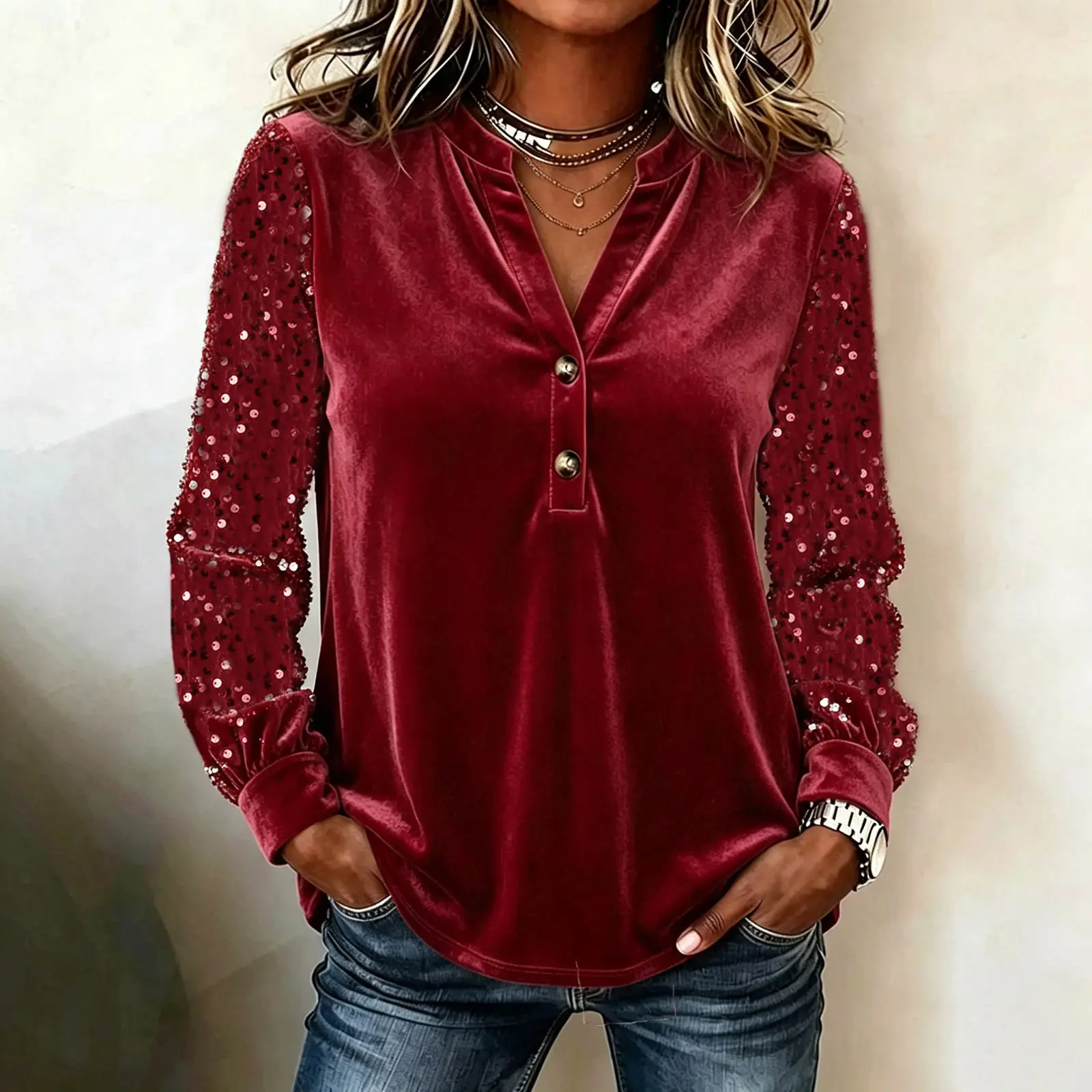 V-neck Buttoned Sequin-patchwork Velvet Long-sleeve Womens Casual