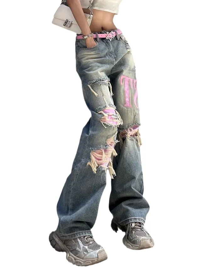 American Plus Size Water Washed Hole Jeans Picture Color L - Shop at LoveMi