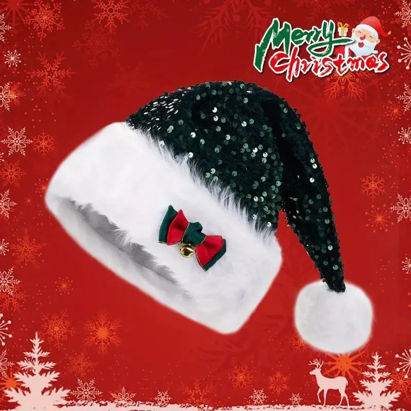 Christmas Hat With Red Sequins And Bow Design Warm Plush Decorative Hat, Christmas Enlarged And Thickened Long Haired Hat – image 2