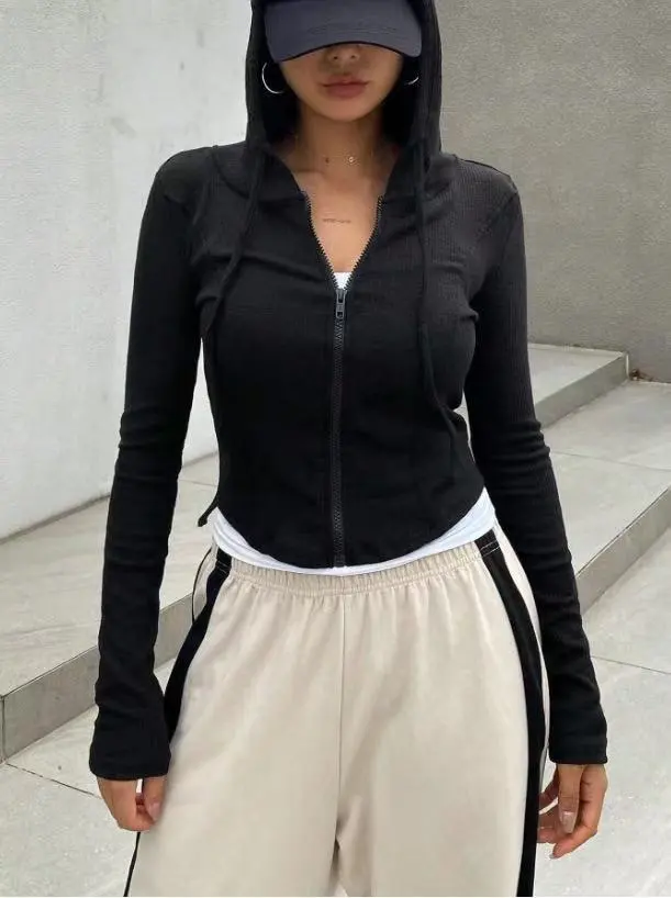 Top Slim Fit Sports Hoodie Short Zipper Hooded Sweatshirt Black - Shop at LoveMi