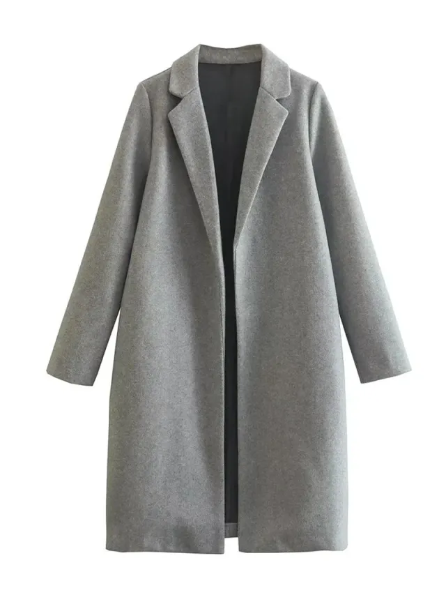Women's Casual Woolen Lapel Non buckle Overcoat Coat Gray - Shop at LoveMi