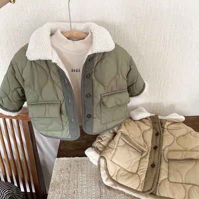 Korean Style Lamb Fur Collar Fleece-lined Thickened Cotton-padded Coat Fashion