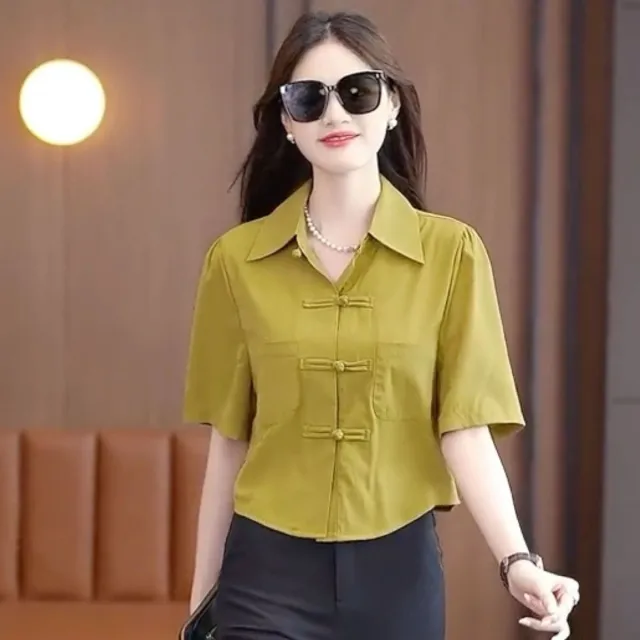 Summer Loose Solid Color Shirt Yellow - Shop at LoveMi