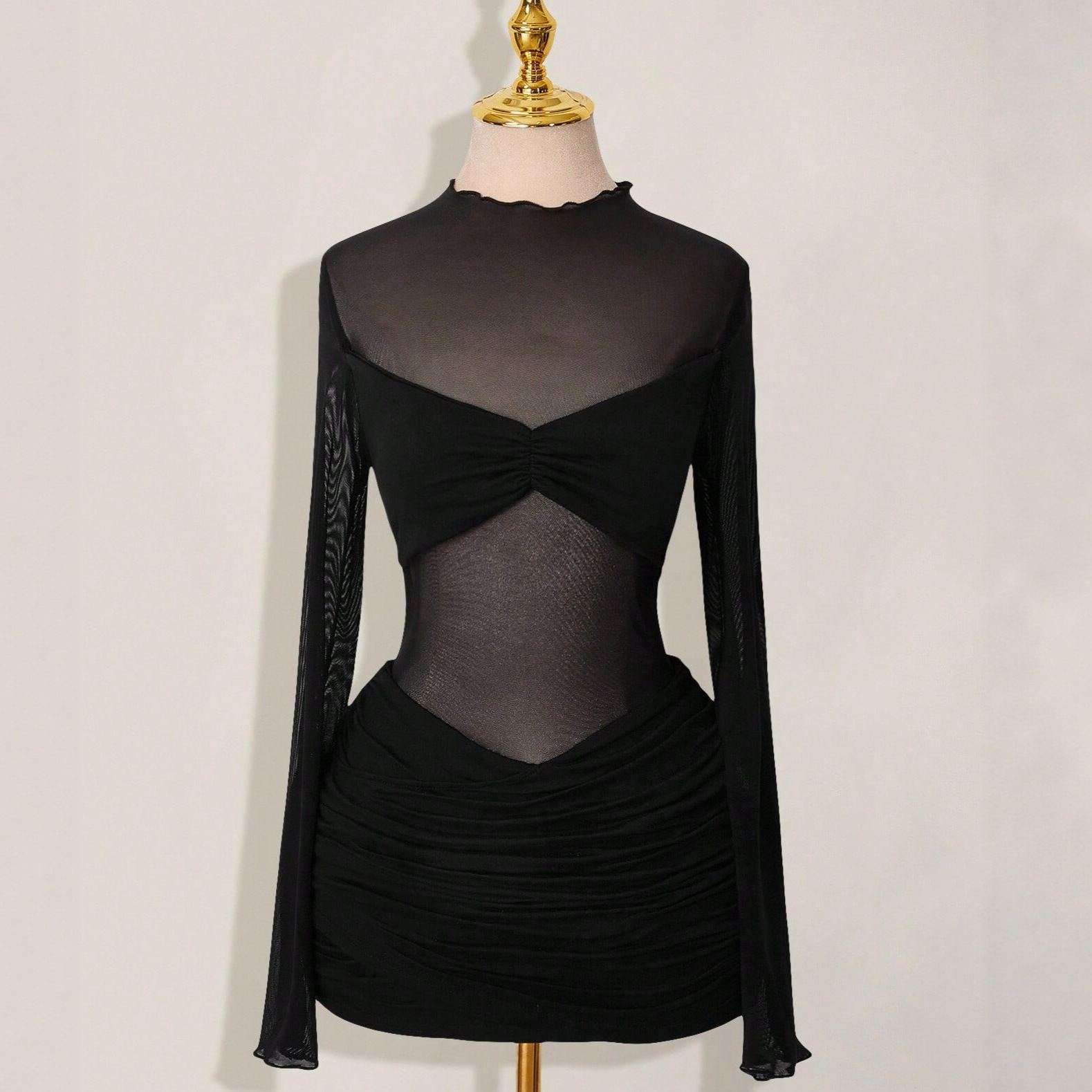 Solid-color Slim-fit Sexy Mesh Sheer Round-neck Sheath Dress For Women