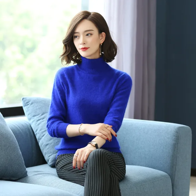 Turtleneck Pullover Short Loose Cashmere Knitted Mink Velvet Bottoming Shirt Sweater Sapphire Blue - Shop at LoveMi