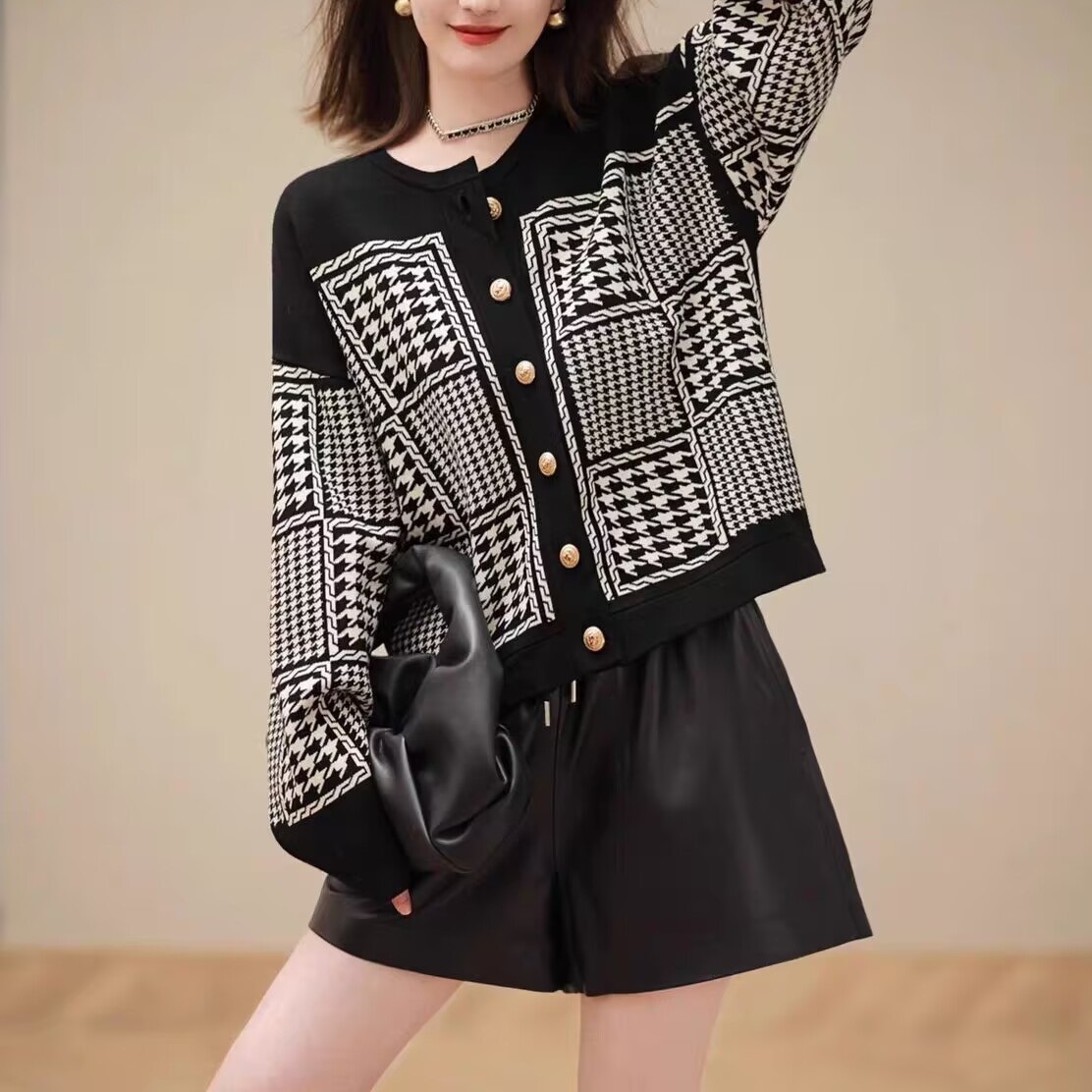 Title 5, Plus Size Retro Houndstooth Knitwear For Women