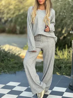 European And American Fashion Casual Set Solid Colour Long-sleeve Suit Wide Leg Pants - Grey - View 1