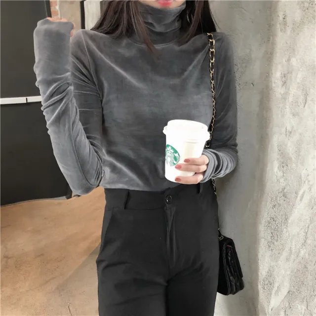 Women's Gold Velvet Turtleneck Bottoming Shirt All matching Thickened Inner Wear Dark Gray - Shop at LoveMi