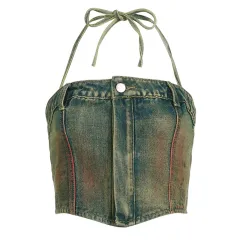 Washed And Worn Zip Tube Denim Vest Top - Blue - View 1