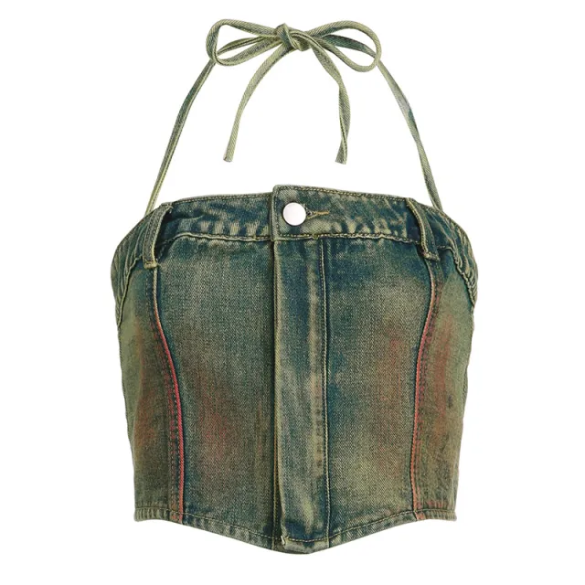 Washed And Worn Zip Tube Denim Vest Top Blue - Shop at LoveMi