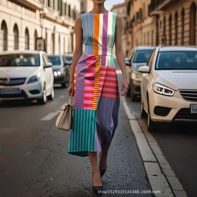 Sleeveless Plus Size Artistic Oil Painting Stripes Elegant Dress C901 - Shop at LoveMi