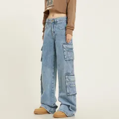 Retro Washed Multi-pocket Jeans Women's Overalls Straight Casual Pants - Blue - View 1