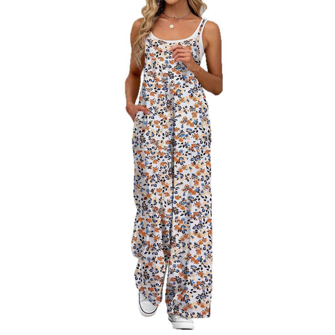 Adjustable-Strap Printed Casual Suspender Floral Jumpsuit
