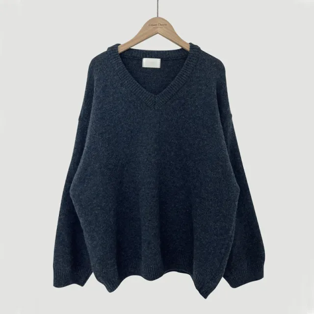 All matching Solid Color V neck Pullover Sweater Lazy Navy Blue - Shop at LoveMi