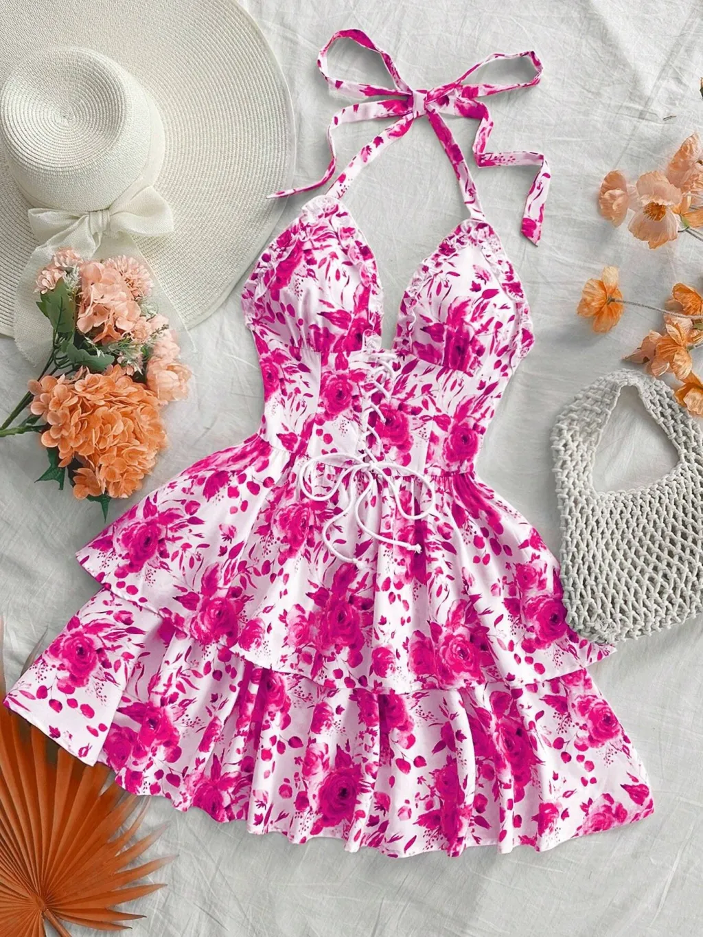 New SpringSummer European And American-style Camisole Top And Audrey Hepburn-inspired Designer Floral Dress - Pink