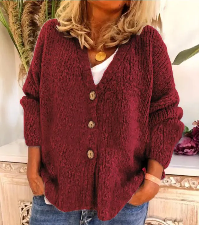 Knitted Cardigan Sweater With Three Buttons Maroon - Shop at LoveMi