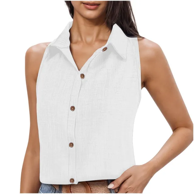 Lapel Cotton Linen Button Sleeveless Shirt Women's Clothing 1 Style Xxl - Shop at LoveMi