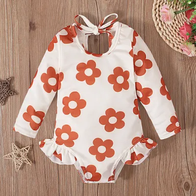 Girl's Pattern Graphic Print Crew Neck Open Back Swimsuit