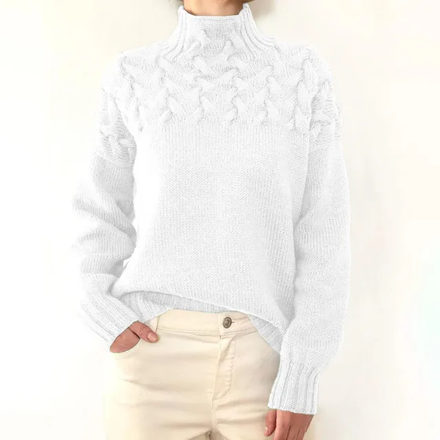 Fashion Cable Braided Detail Turtleneck Long Sleeve Sweater Women White - Shop at LoveMi