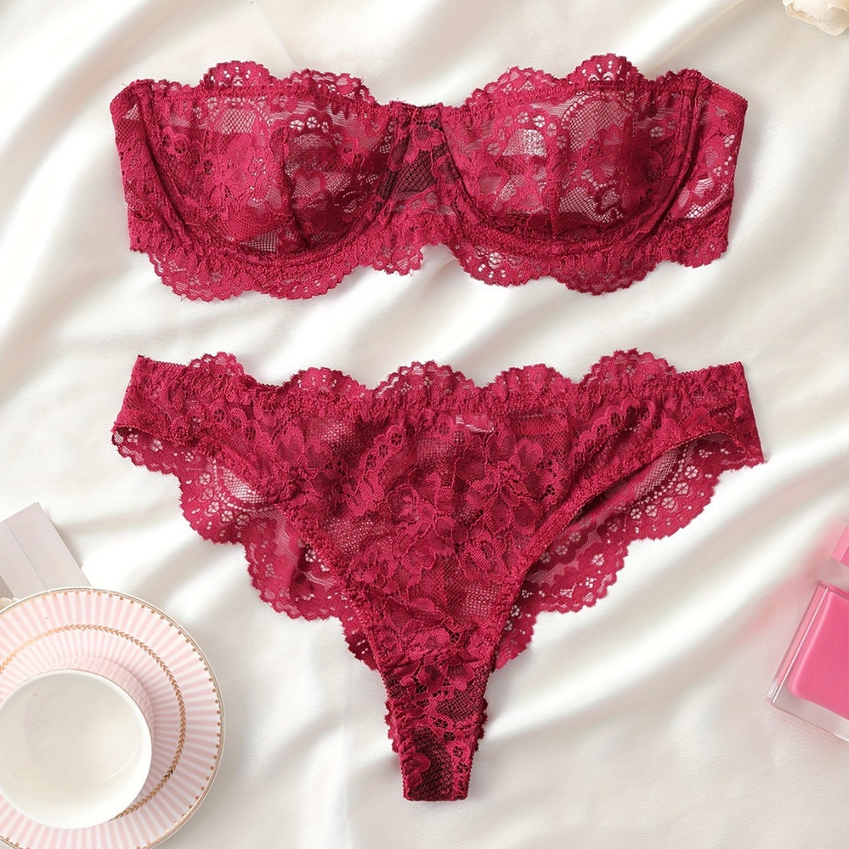 Lingerie French women sexy wine bra red hollow tube top panties see-through