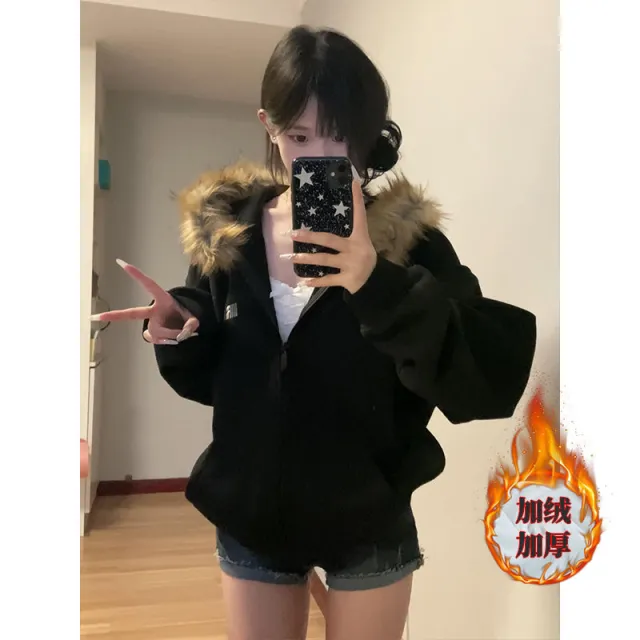 American Retro Lazy Preppy Style Top Cardigan Coat For Women Black Fleece Thick - Shop at LoveMi