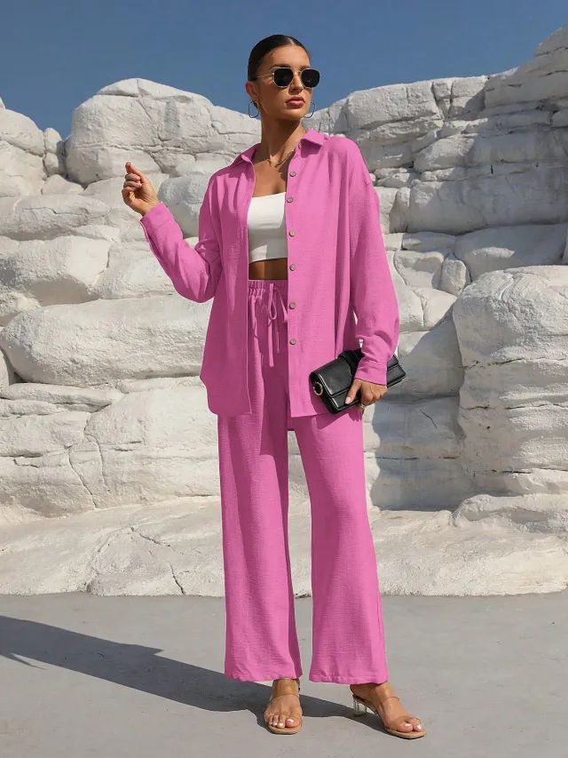 Fashion Graceful Plus Size Women's Long Sleeve Cardigan Two piece Set Casual Solid Color Suit Glittering Powder M - Shop at LoveMi
