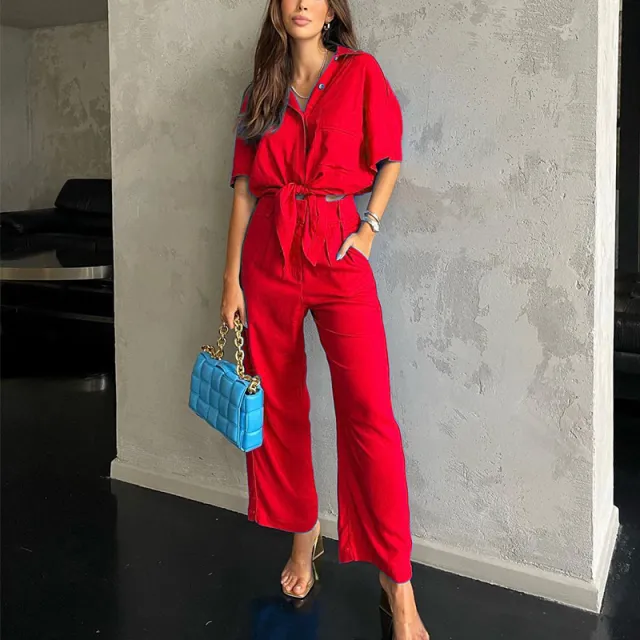Top Cotton Linen Wide Leg Pants Two piece Suit Red - Shop at LoveMi