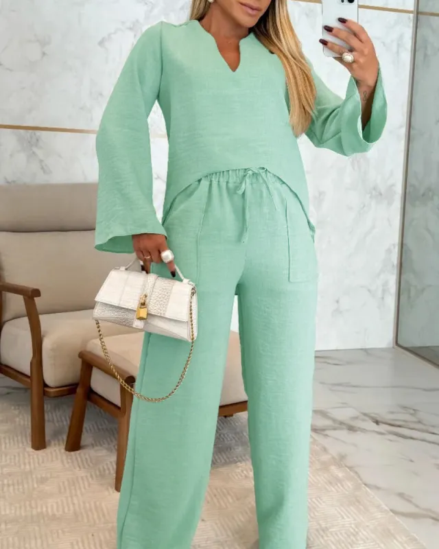 European And American Apricot Long Sleeve Loose V neck Casual Top Suit Green - Shop at LoveMi