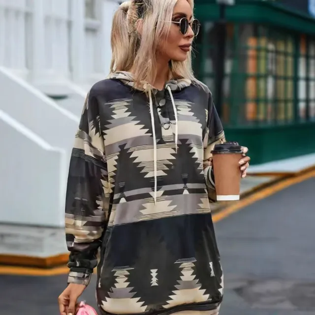 Geometric Pattern Long Sleeve Loose Hooded Button Pocket Sweatshirt Black - Shop at LoveMi