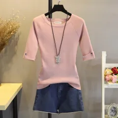 Slim Fit Slimming Round Neck Elbow Sleeve Sweater Half Sleeve T-shirt For Women - Lotus Root - View 1