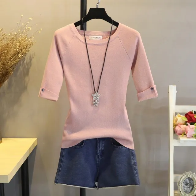 Slim Fit Slimming Round Neck Elbow Sleeve Sweater Half Sleeve T shirt For Women Lotus Root S - Shop at LoveMi